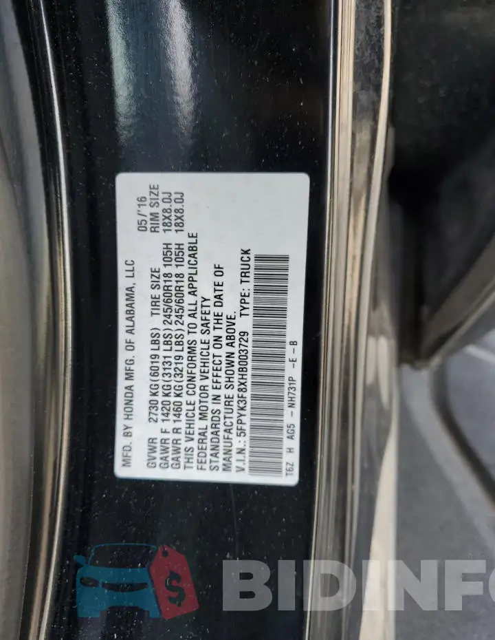 5FPYK3F8XHB003729 Photo# 12