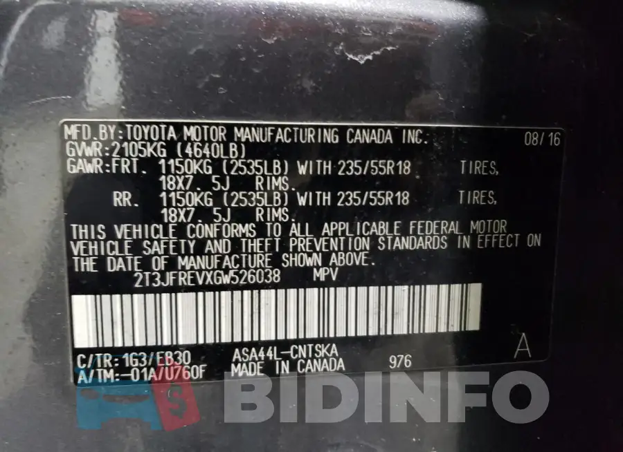 2T3JFREVXGW526038 Photo# 13