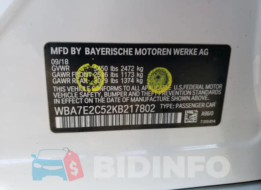 WBA7E2C52KB217802 Photo# 12