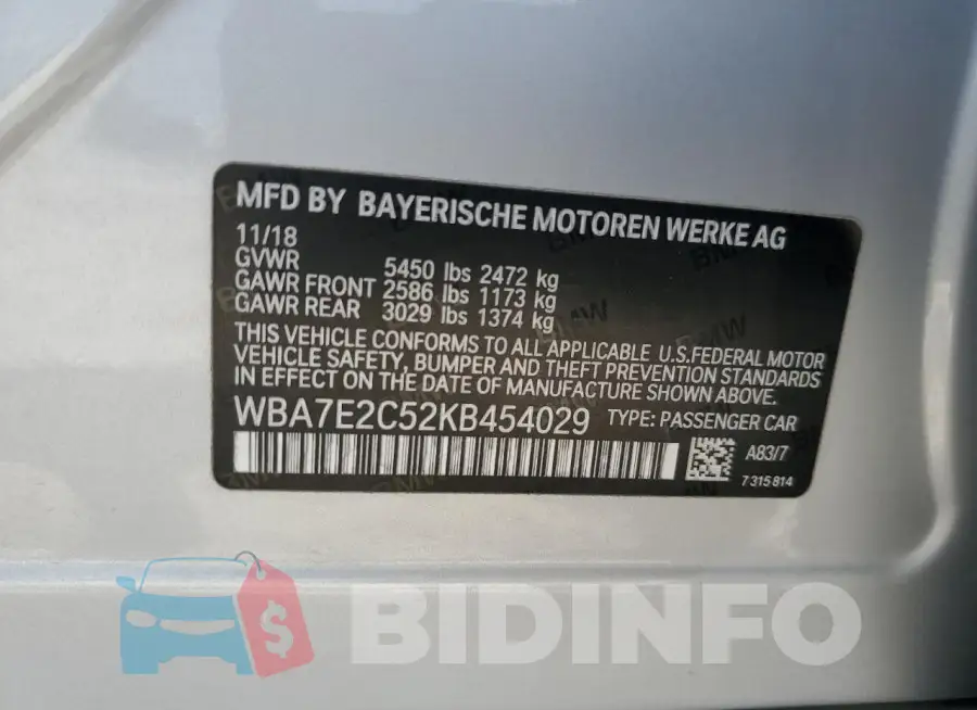 WBA7E2C52KB454029 Photo# 12