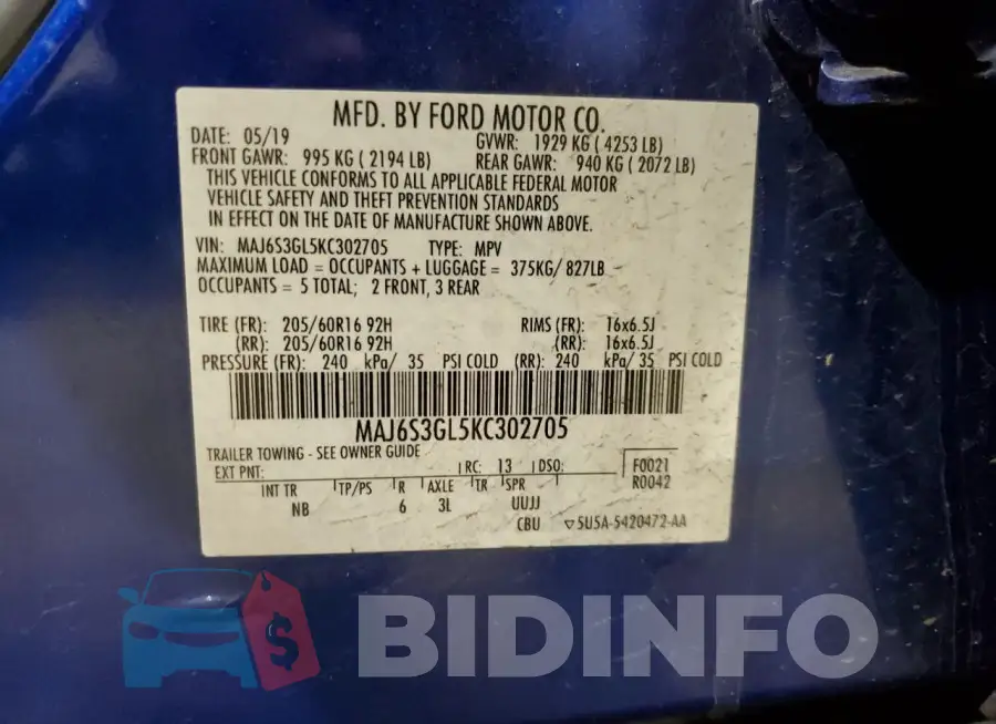 MAJ6S3GL5KC302705 Photo# 13