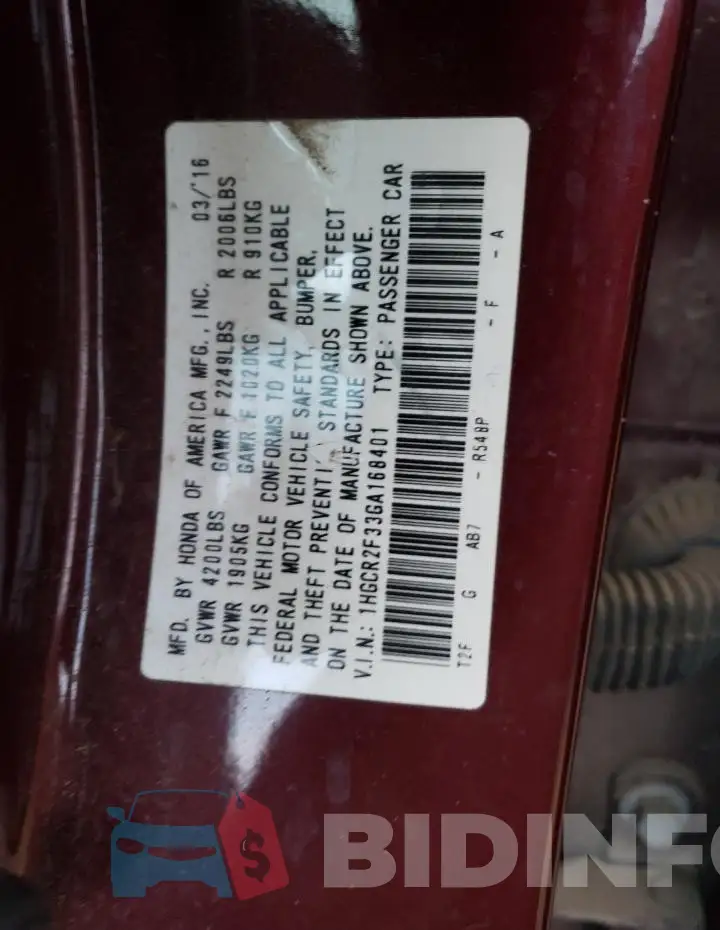 1HGCR2F33GA168401 Photo# 12