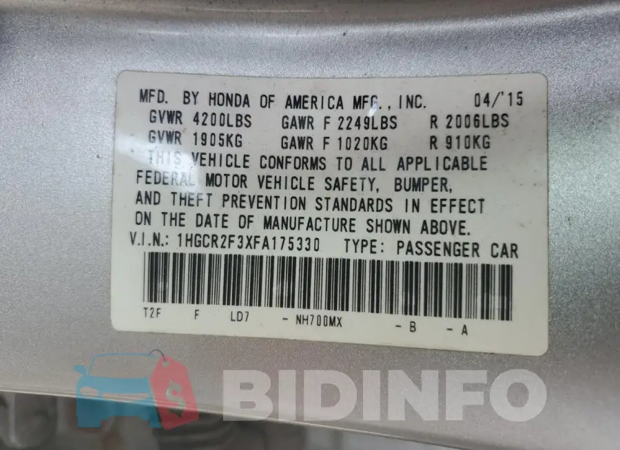 1HGCR2F3XFA175330 Photo# 12