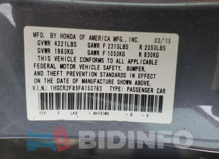 1HGCR2F85FA150783 Photo# 12