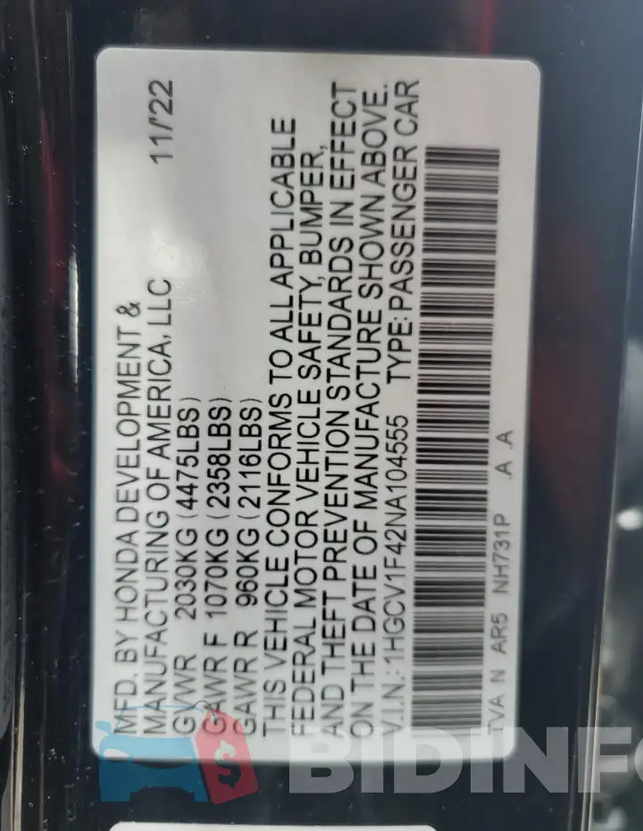 1HGCV1F42NA104555 Photo# 13