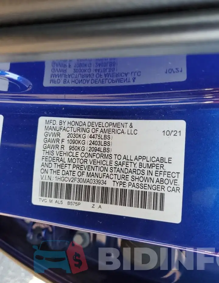 1HGCV2F30MA033934 Photo# 12