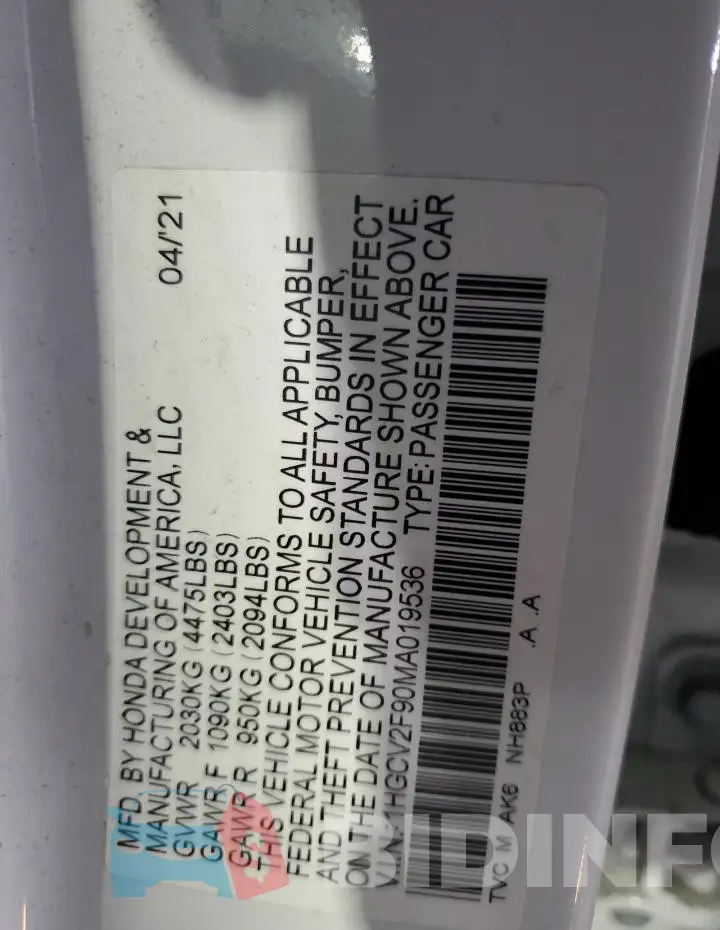 1HGCV2F90MA019536 Photo# 12