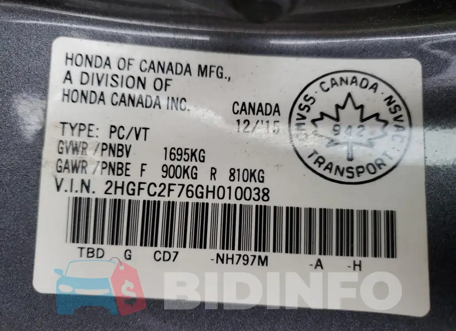 2HGFC2F76GH010038 Photo# 13