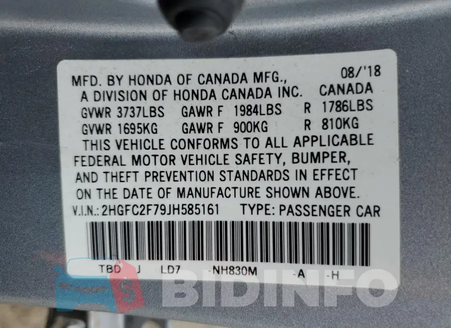 2HGFC2F79JH585161 Photo# 13