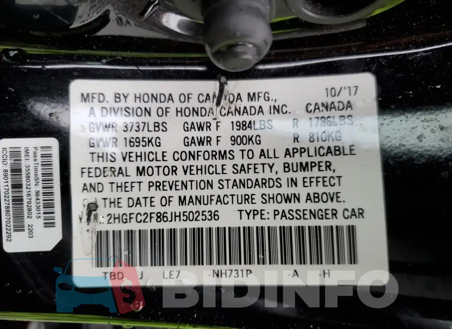 2HGFC2F86JH502536 Photo# 12