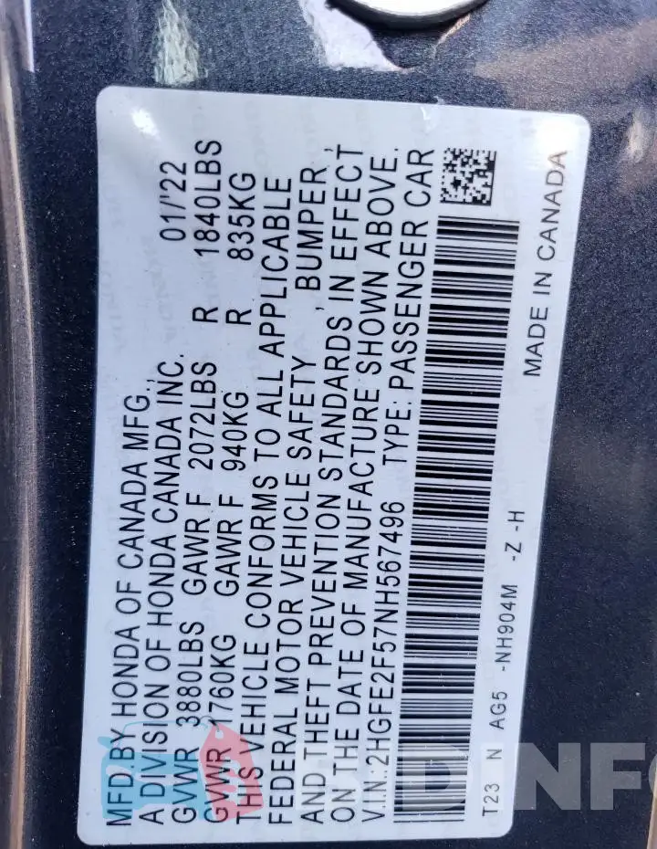 2HGFE2F57NH567496 Photo# 12