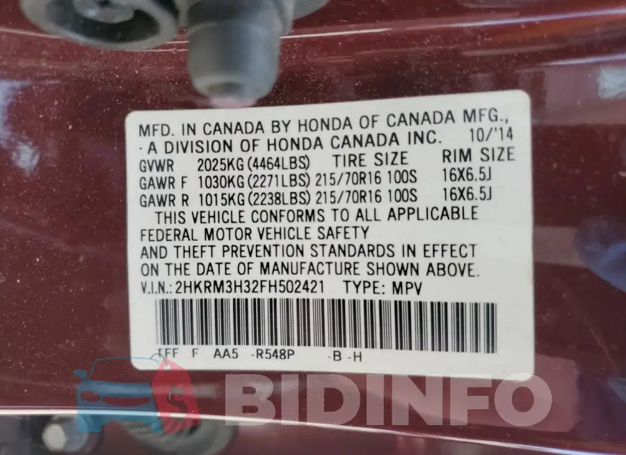2HKRM3H32FH502421 Photo# 14