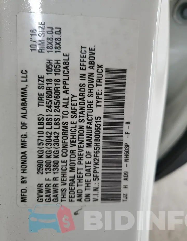 5FPYK2F65HB006515 Photo# 13