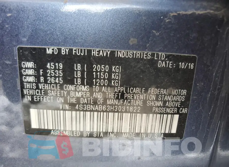 4S3BNAB63H3031822 Photo# 13