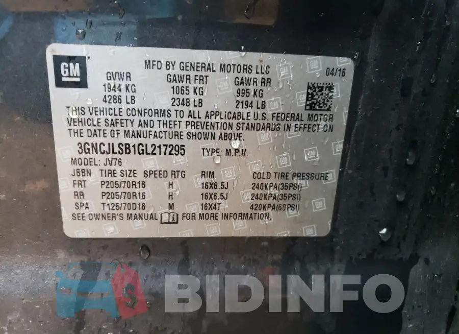 3GNCJLSB1GL217295 Photo# 14