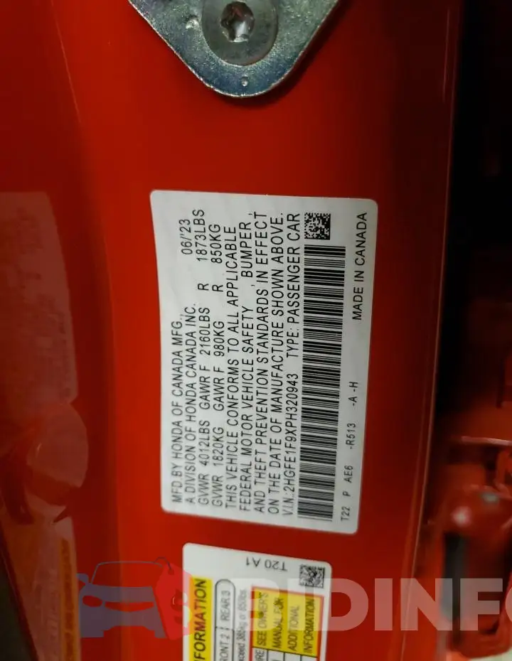 2HGFE1F9XPH320943 Photo# 12