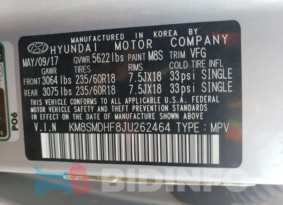 KM8SMDHF8JU262464 Photo# 12