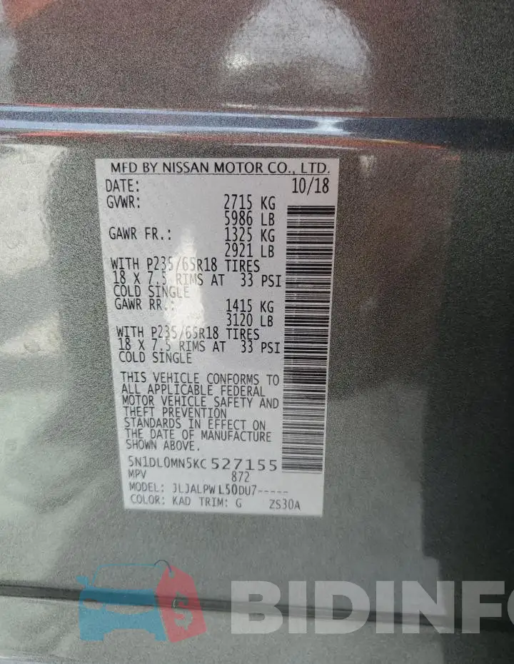 5N1DL0MN5KC527155 Photo# 13