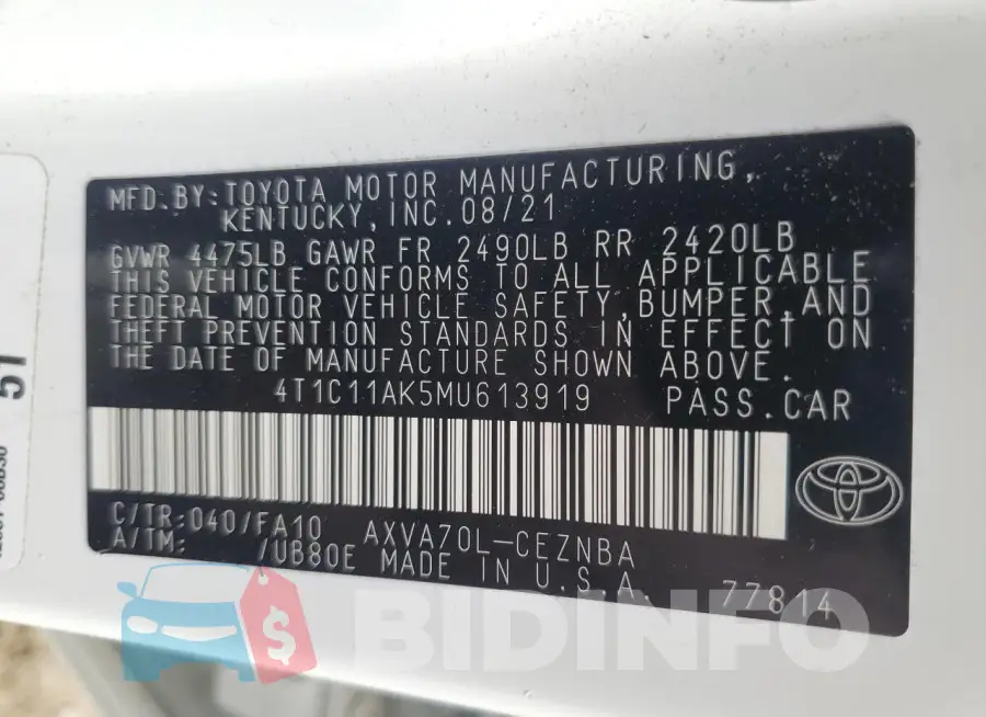 4T1C11AK5MU613919 Photo# 12