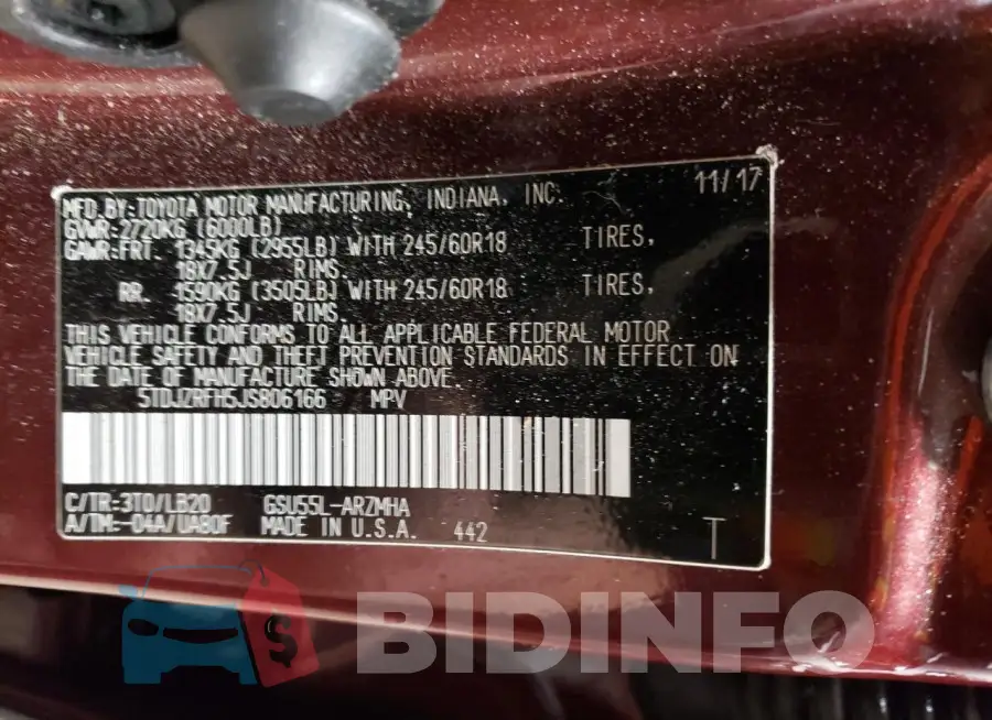 5TDJZRFH5JS806166 Photo# 12