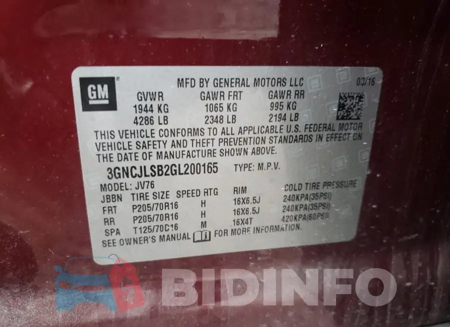 3GNCJLSB2GL200165 Photo# 13