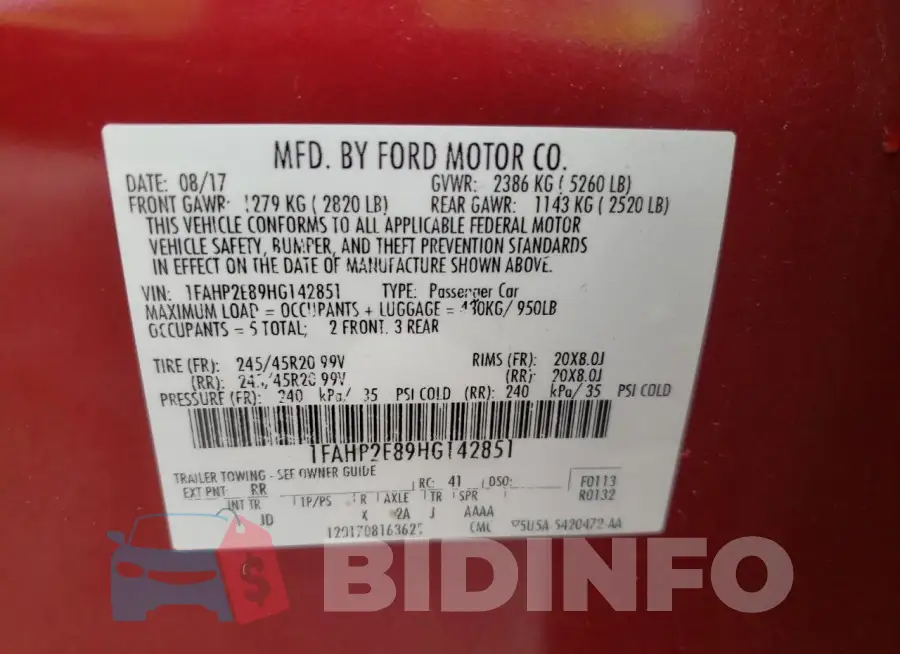 1FAHP2E89HG142851 Photo# 13