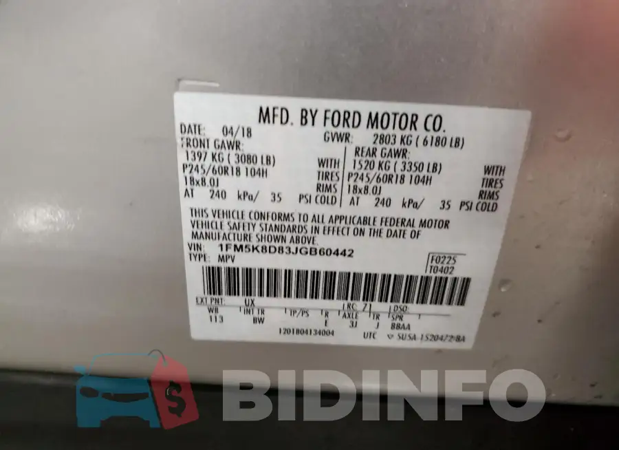 1FM5K8D83JGB60442 Photo# 12