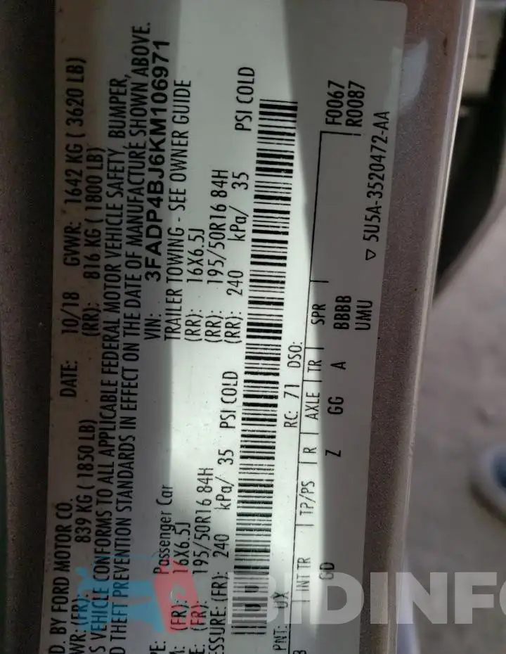 3FADP4BJ6KM106971 Photo# 12