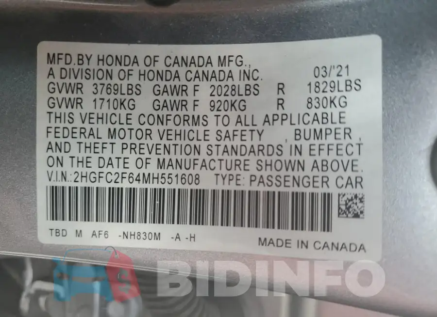 2HGFC2F64MH551608 Photo# 12