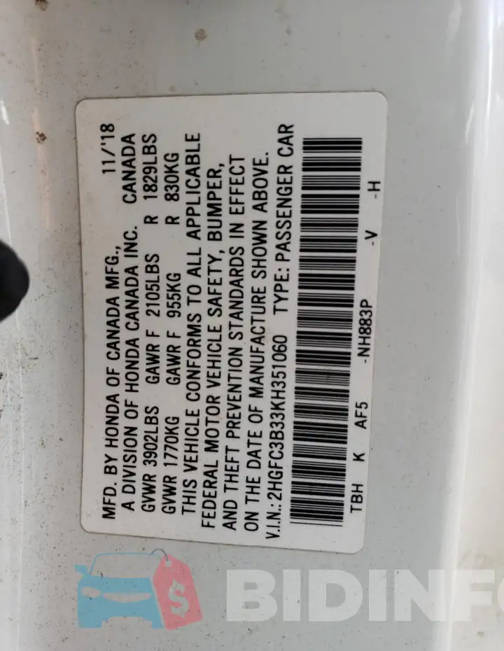 2HGFC3B33KH351060 Photo# 12