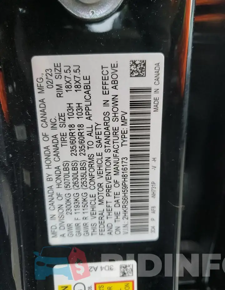 2HKRS6H59PH816173 Photo# 12