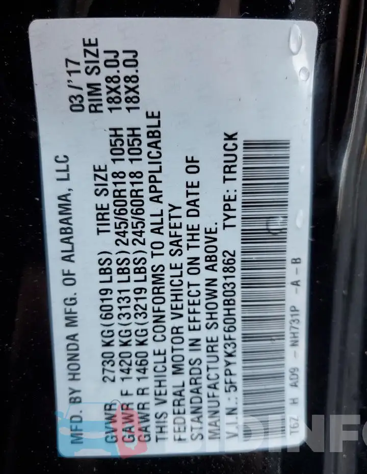 5FPYK3F60HB031862 Photo# 13
