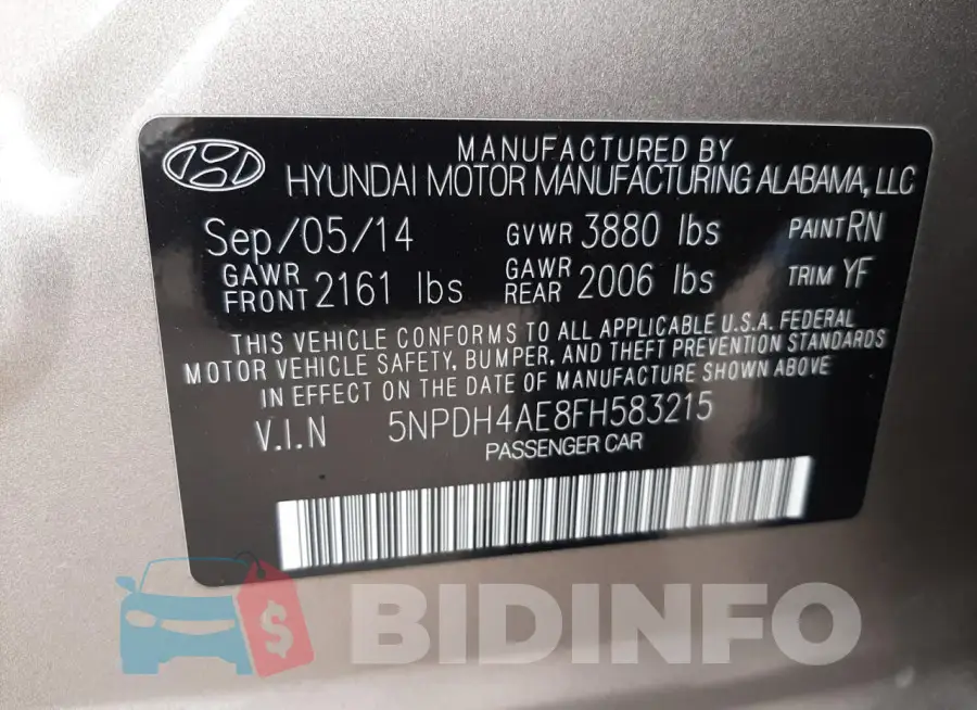 5NPDH4AE8FH583215 Photo# 12