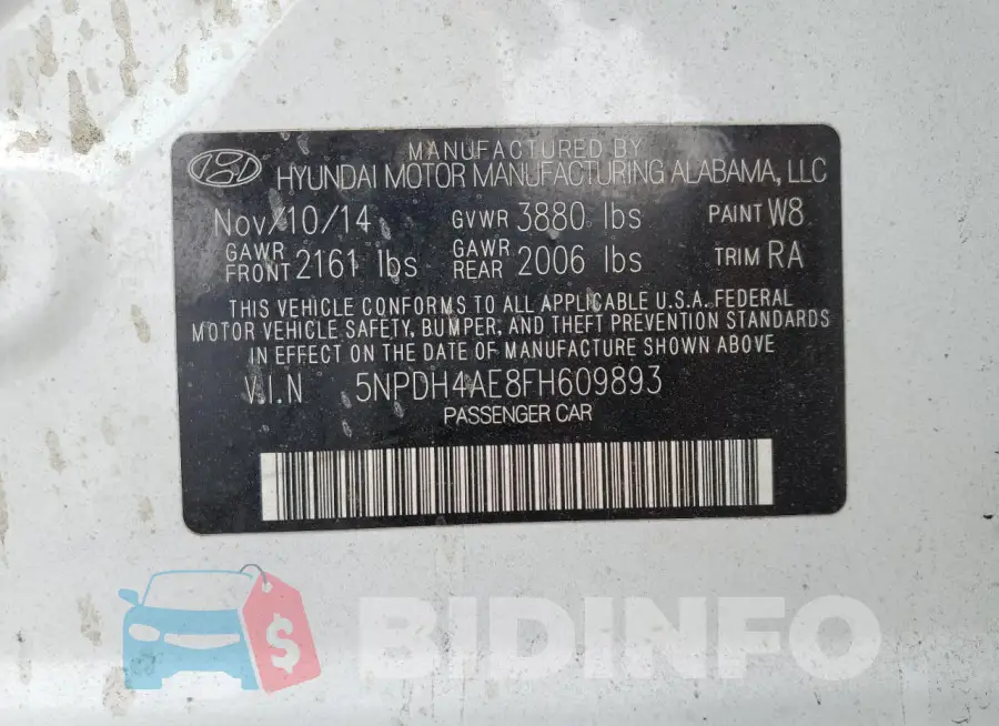 5NPDH4AE8FH609893 Photo# 12