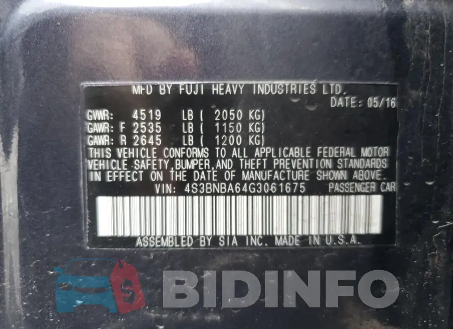4S3BNBA64G3061675 Photo# 13