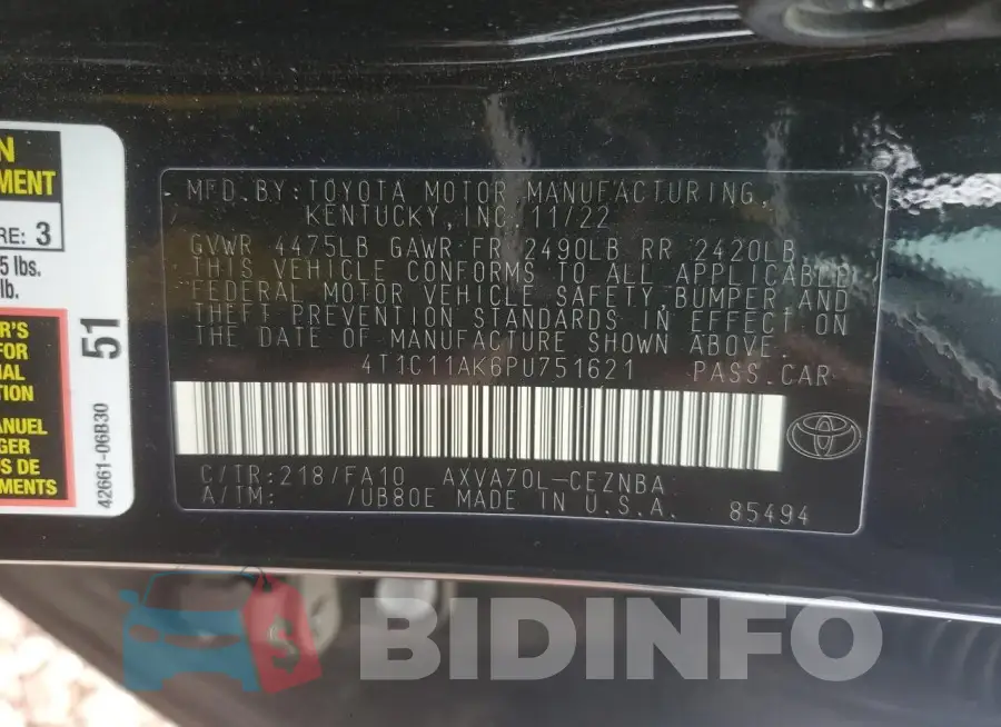 4T1C11AK6PU751621 Photo# 13