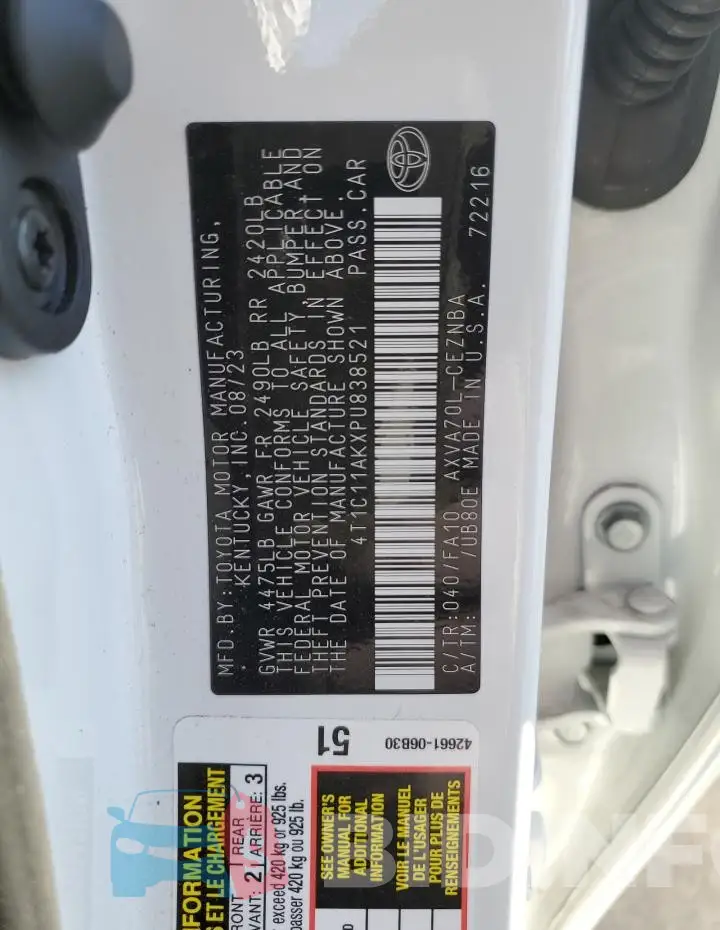 4T1C11AKXPU838521 Photo# 12