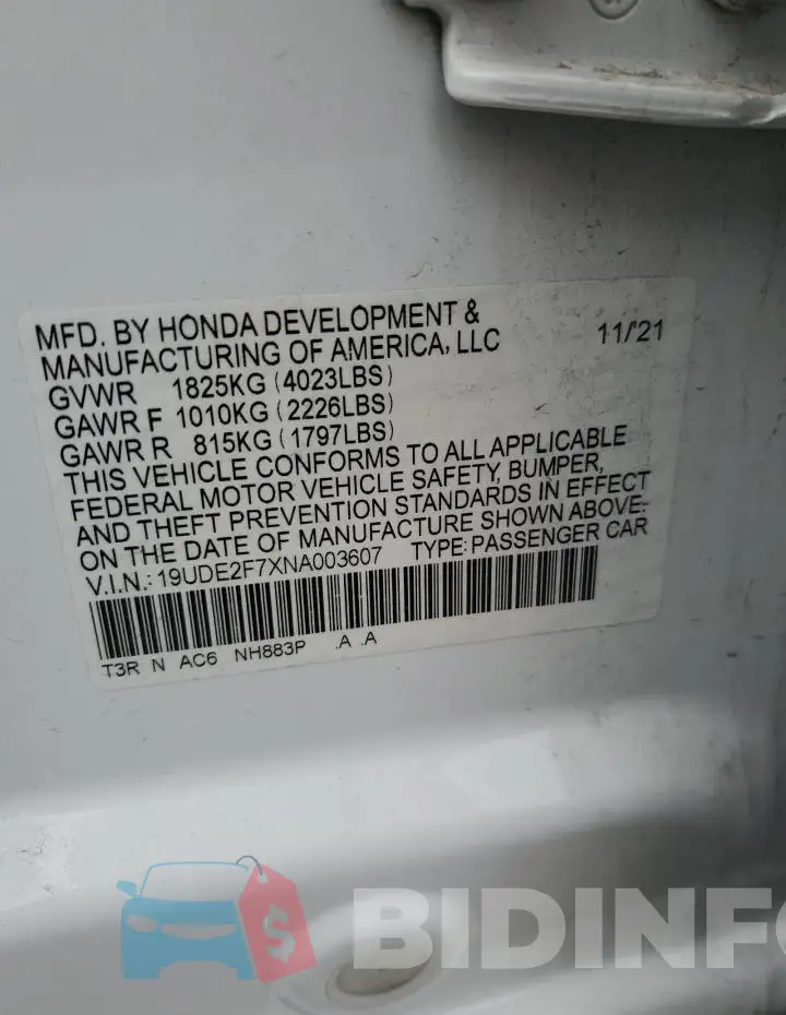 19UDE2F7XNA003607 Photo# 12