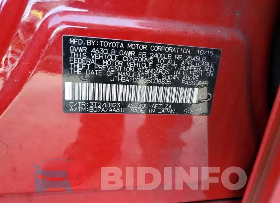 JTHBA1D28G5008835 Photo# 12
