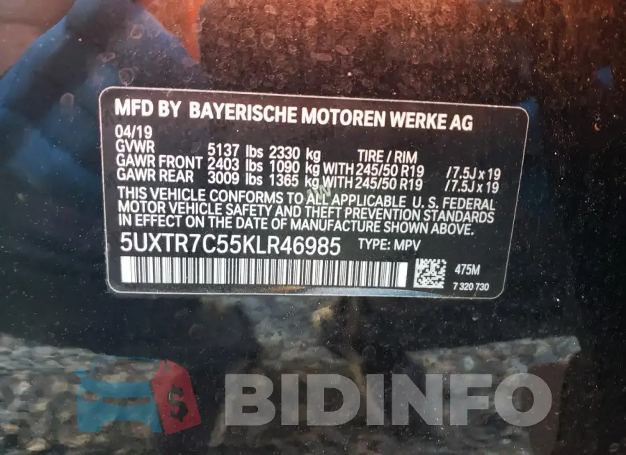 5UXTR7C55KLR46985 Photo# 13