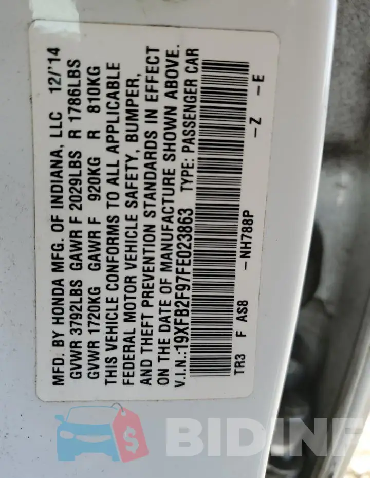 19XFB2F97FE023863 Photo# 12