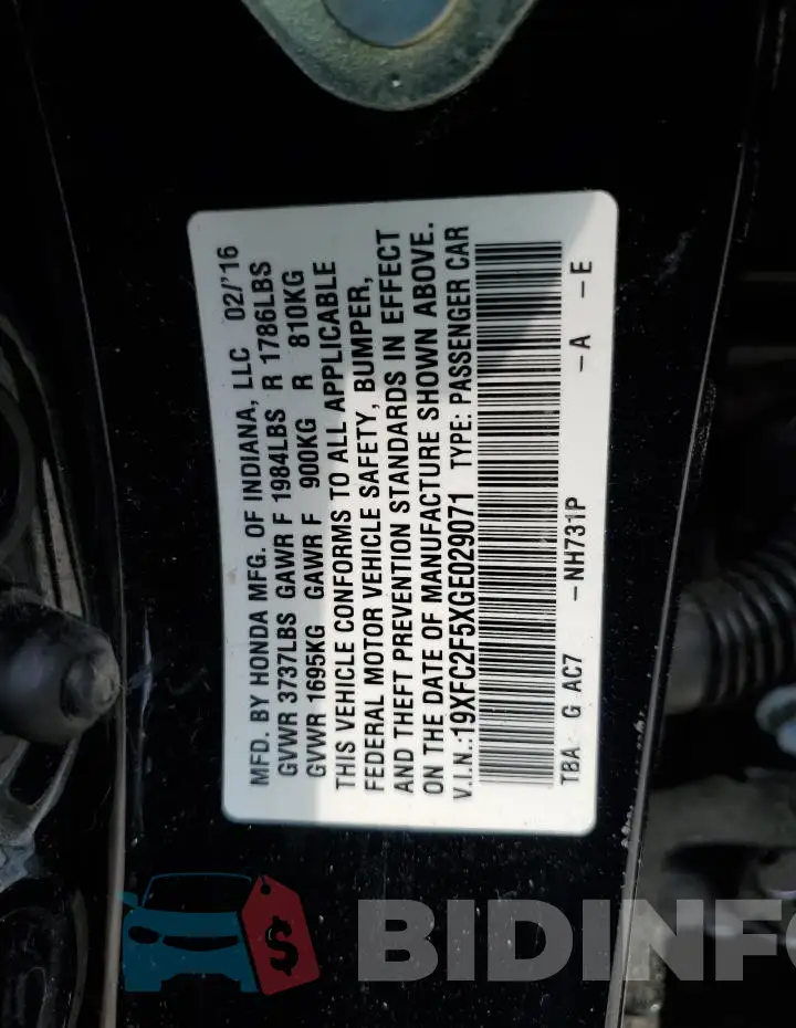 19XFC2F5XGE029071 Photo# 12