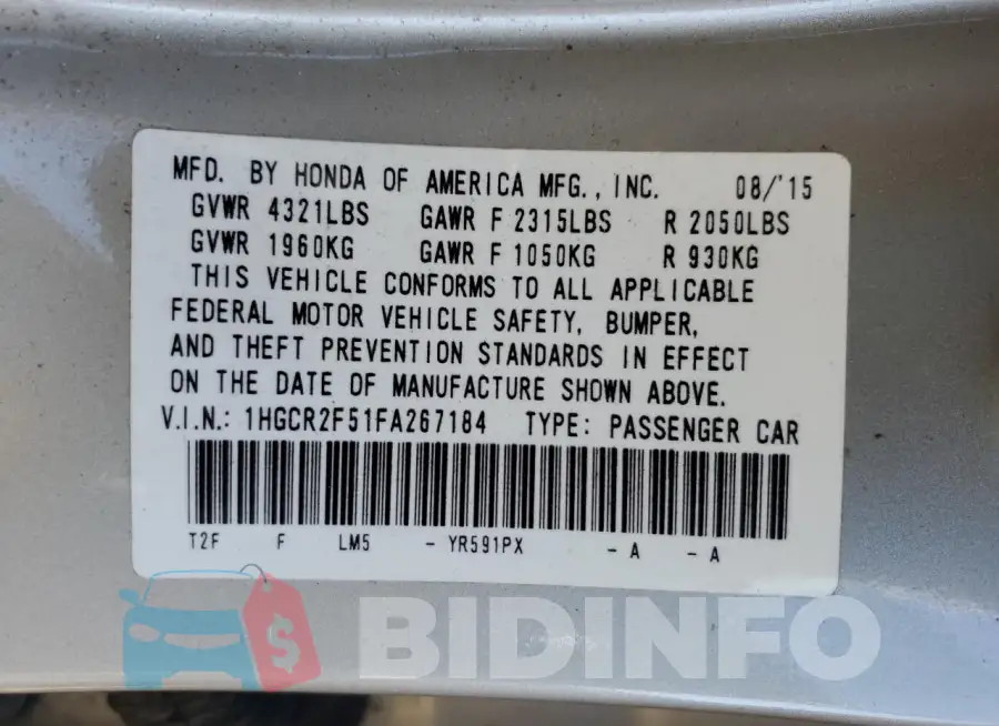 1HGCR2F51FA267184 Photo# 12