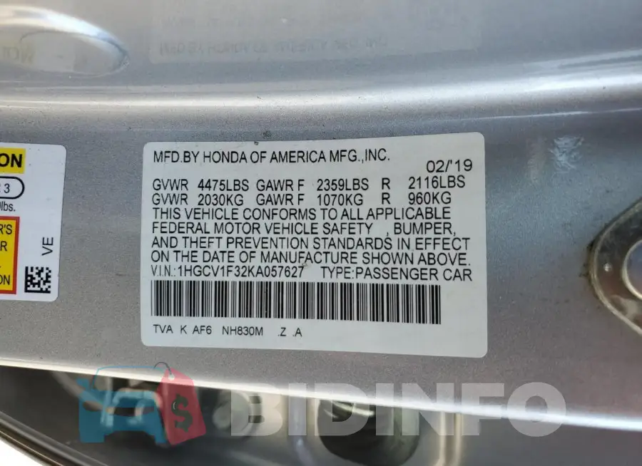 1HGCV1F32KA057627 Photo# 13