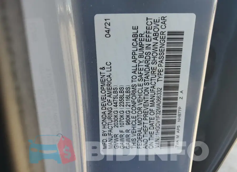 1HGCV1F32MA066332 Photo# 13