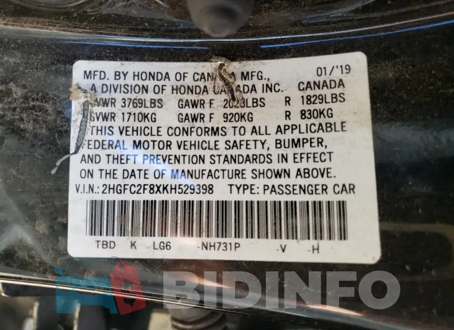 2HGFC2F8XKH529398 Photo# 12