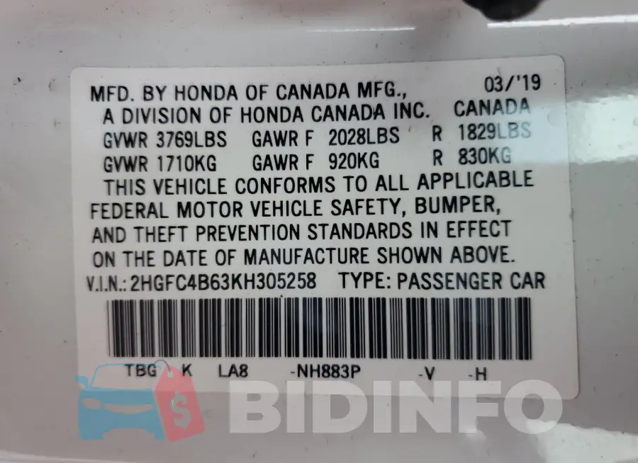 2HGFC4B63KH305258 Photo# 12