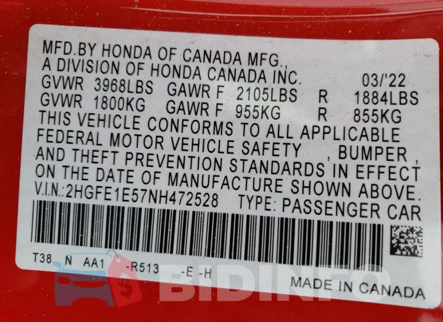 2HGFE1E57NH472528 Photo# 12