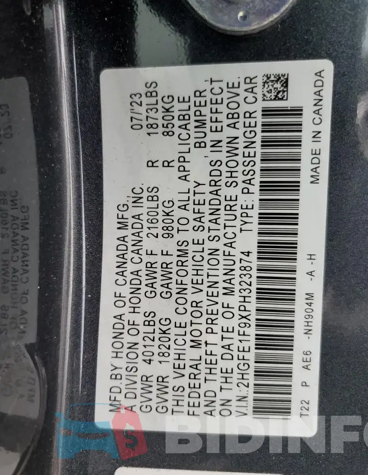 2HGFE1F9XPH323874 Photo# 12