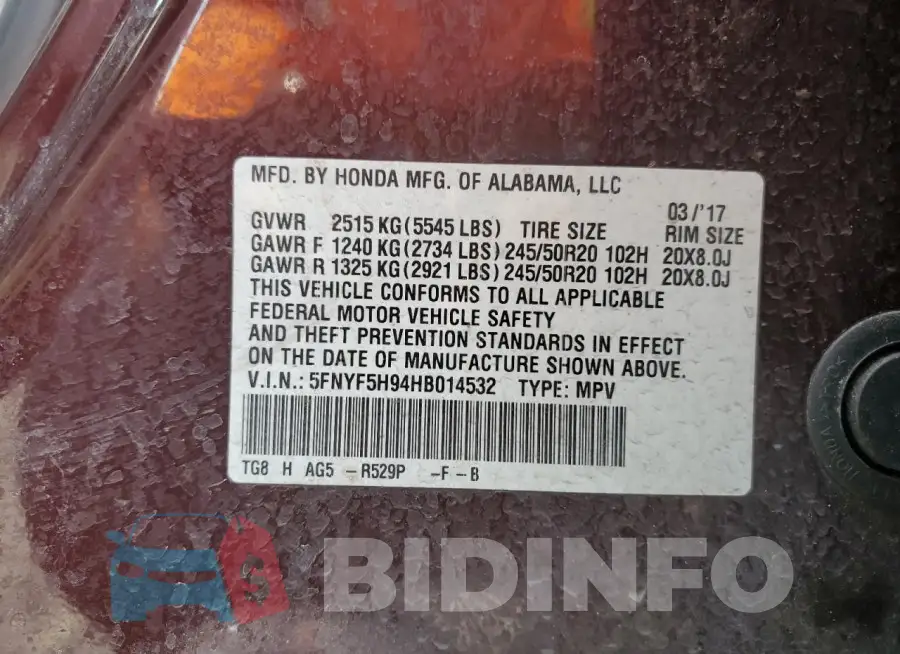 5FNYF5H94HB014532 Photo# 13